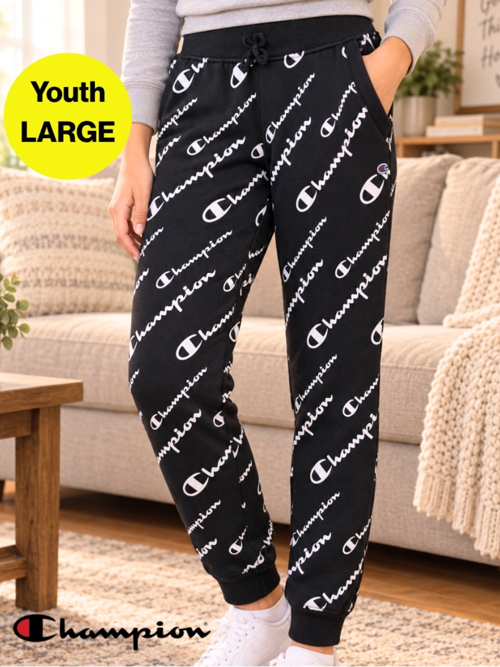 3/for $15 🍒 CHAMPION Black All-Over Logo Joggers (Unisex Large)